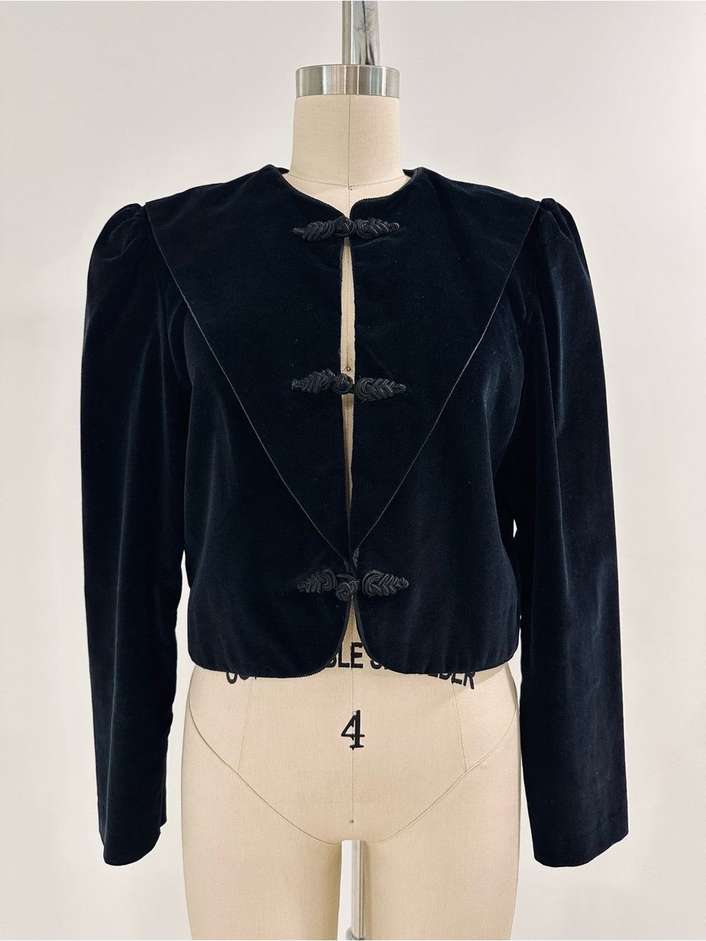 Vintage Black Velvet Cropped Jacket with Frog Closures